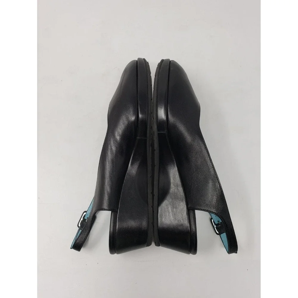 US 7.5 Thierry Rabotin Black Leather Peep Toe Wedge Slingback Sandals Womens EU